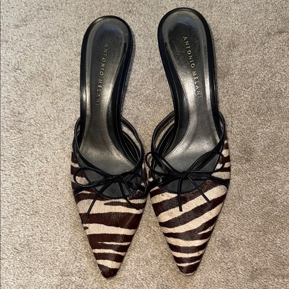 Antonio Melani Black with Brown & Beige Zebra print, Mules with Kitten Heel